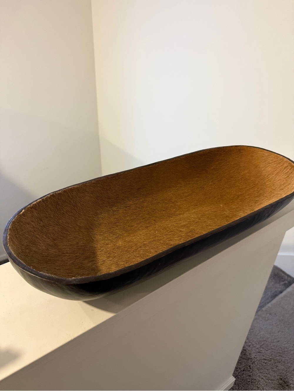 Large Leather & Hair-on-Hide Decorative Trough Bowl 22” Rustic Western Decor